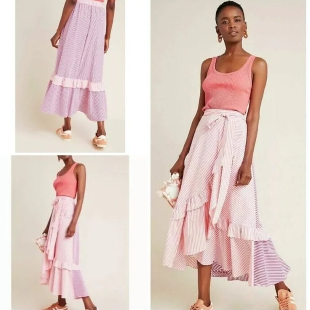 NWT Anthro Maeve Penny Ruffled Striped Midi Skirt​